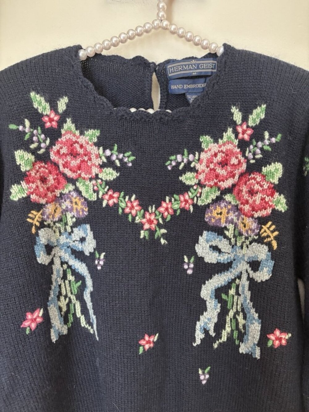 Vintage Herman Geist Size M Hand Embroidered Floral Wool Blend Sweater - Picture 2 of 4